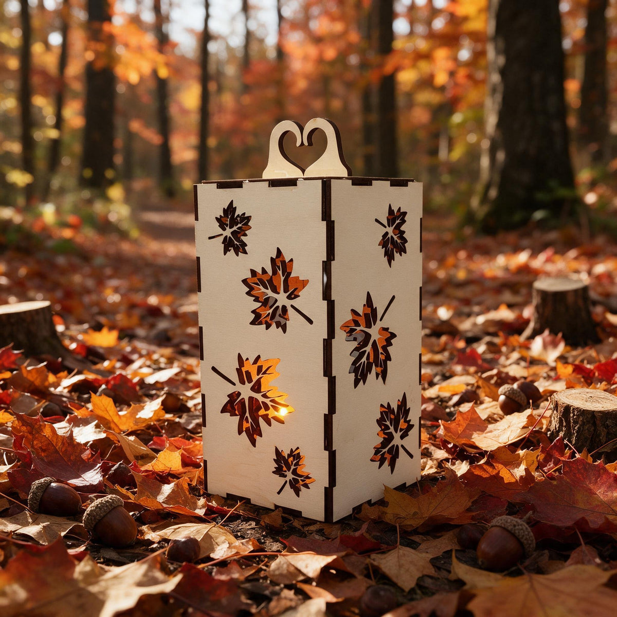 LED Holzlaterne „Ahornblatt“ – Gemütliche Herbstdeko für Drinnen inkl. LED-Teelicht