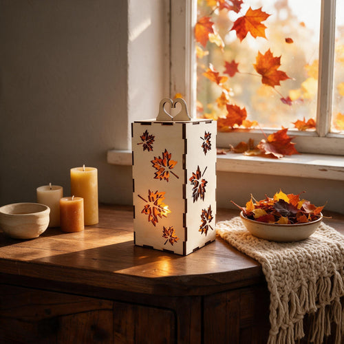 LED Holzlaterne „Ahornblatt“ – Gemütliche Herbstdeko für Drinnen inkl. LED-Teelicht