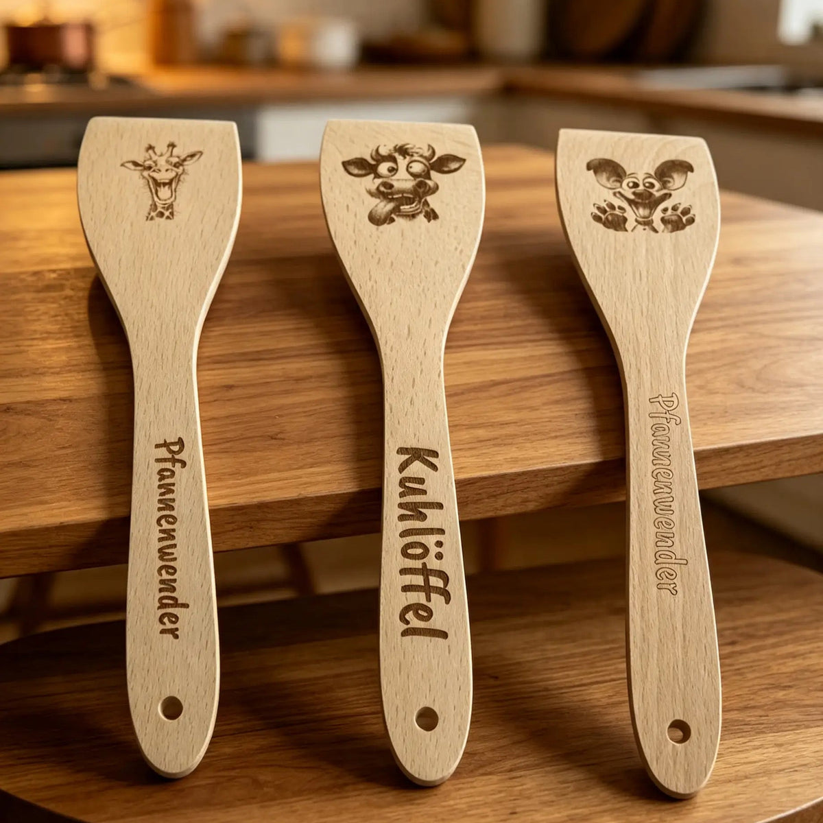 Lustiger Pfannenwender aus Holz mit individueller Gravur als originelle Geschenkidee für die Küche.