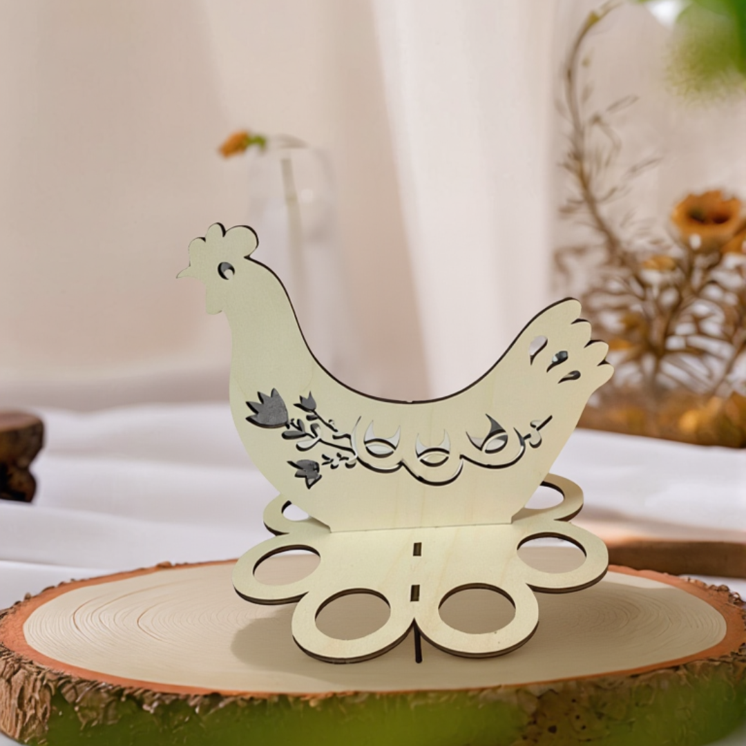 Personalisierter Eierhalter aus Holz in Form einer Henne als individuelle Osterdekoration für den Frühstückstisch.