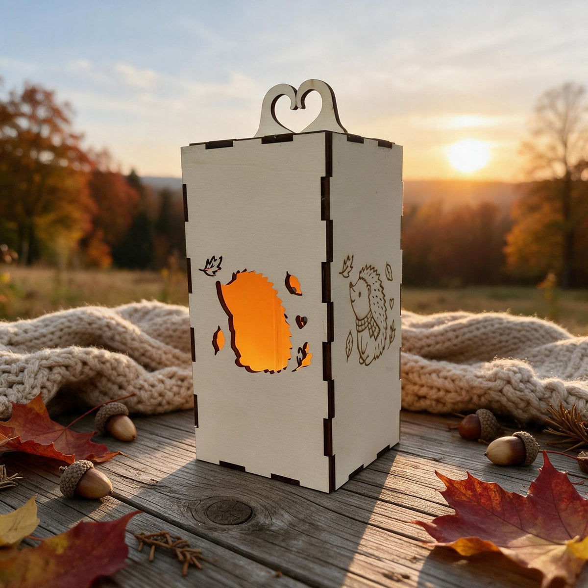 LED Holzlaterne „Kleiner Igel“ – Gemütliche Herbstdeko für Drinnen inkl. LED-Teelicht