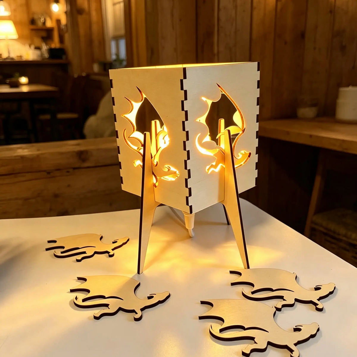 Personalisierte Kinderzimmer-Lampe aus Holz mit Drachen-Motiv als dekoratives Nachtlicht für Kinder.