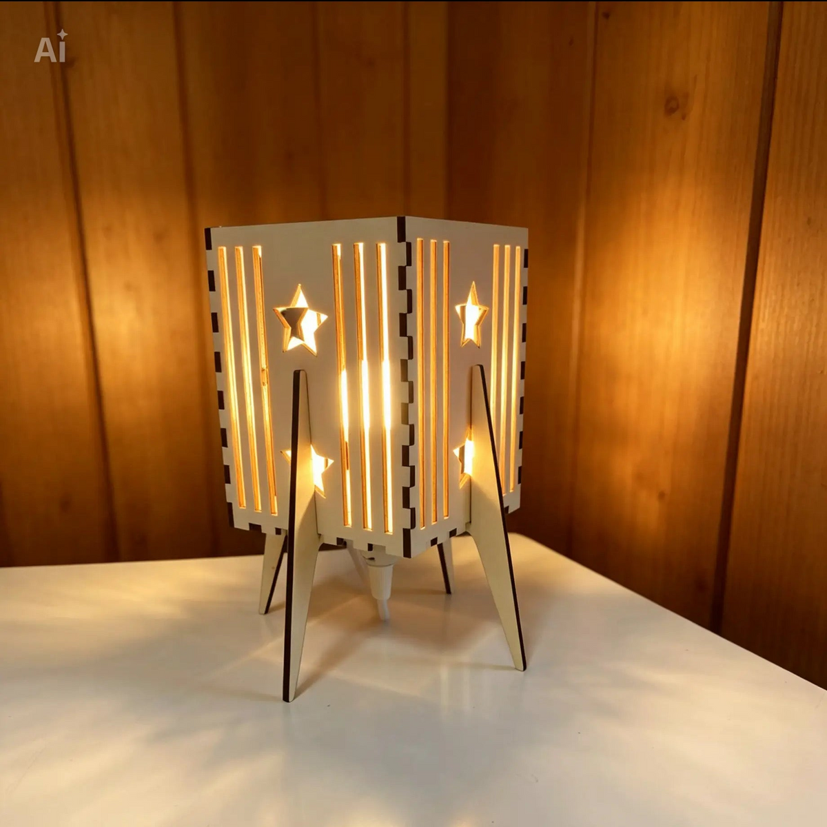 Handgefertigte Holz-Nachttischlampe mit Sternen-Motiv als gemütliches Schlummerlicht für das Kinderzimmer.