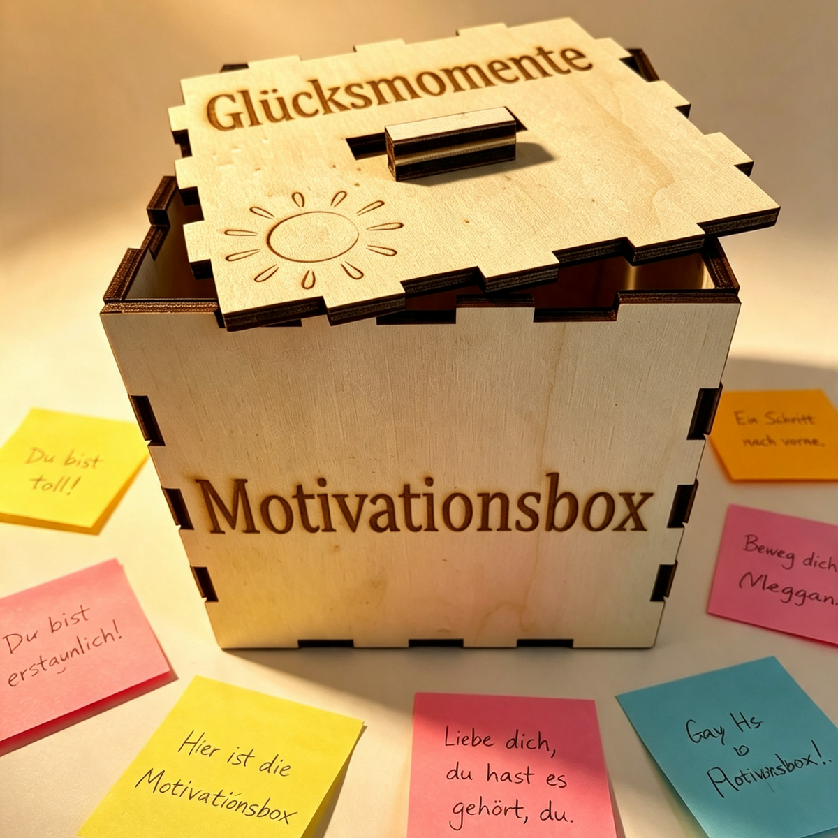 Handgemachte Motivationsbox aus Holz mit gravierten Mutmacher-Sprüchen als Achtsamkeits-Geschenk.
