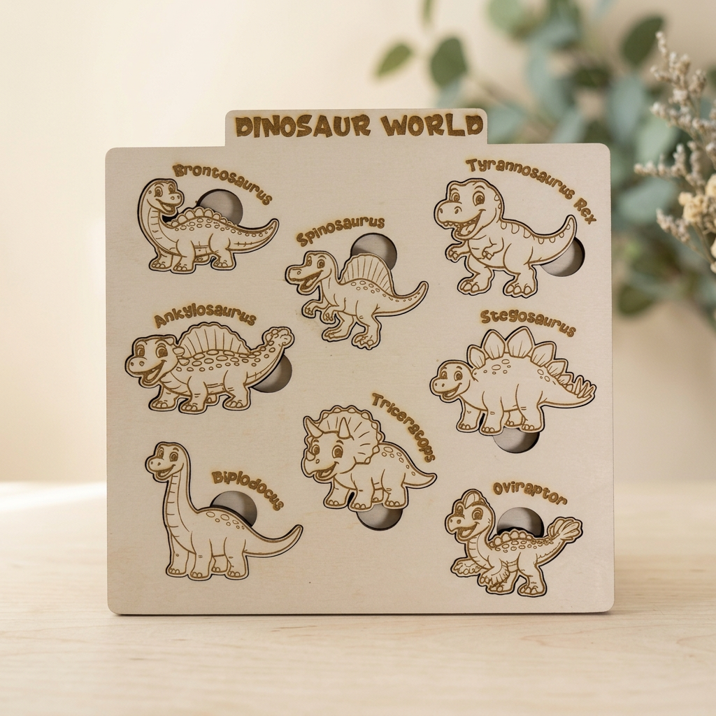 Dinosaurier-Puzzle aus Holz mit sieben gravierten Dinofiguren und Dinosauriernamen – Einlegepuzzle auf hellem Holztisch.