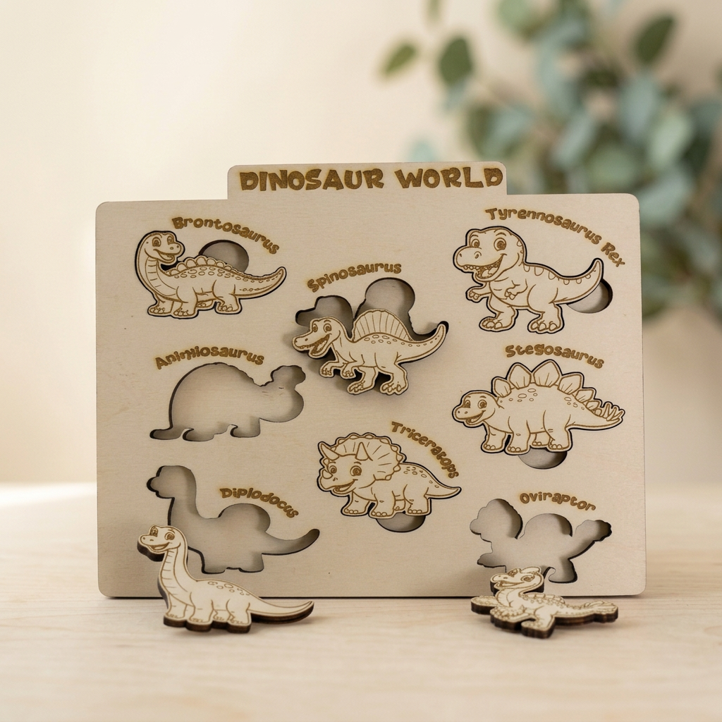 Dinosaurier-Puzzle aus Holz mit herausgenommenen Dinofiguren – Holz-Einlegepuzzle mit sichtbaren Formen und gravierten Namen.