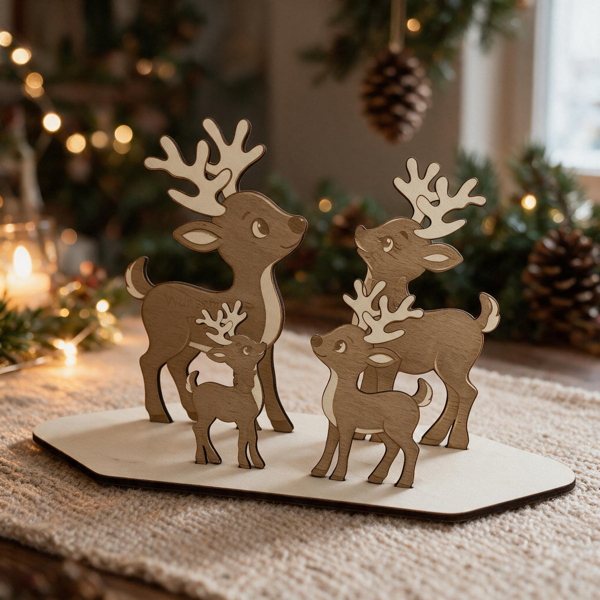 Individuelle Weihnachtsdekoration aus Holz in Form einer Rentier-Familie mit persönlicher Namensgravur.