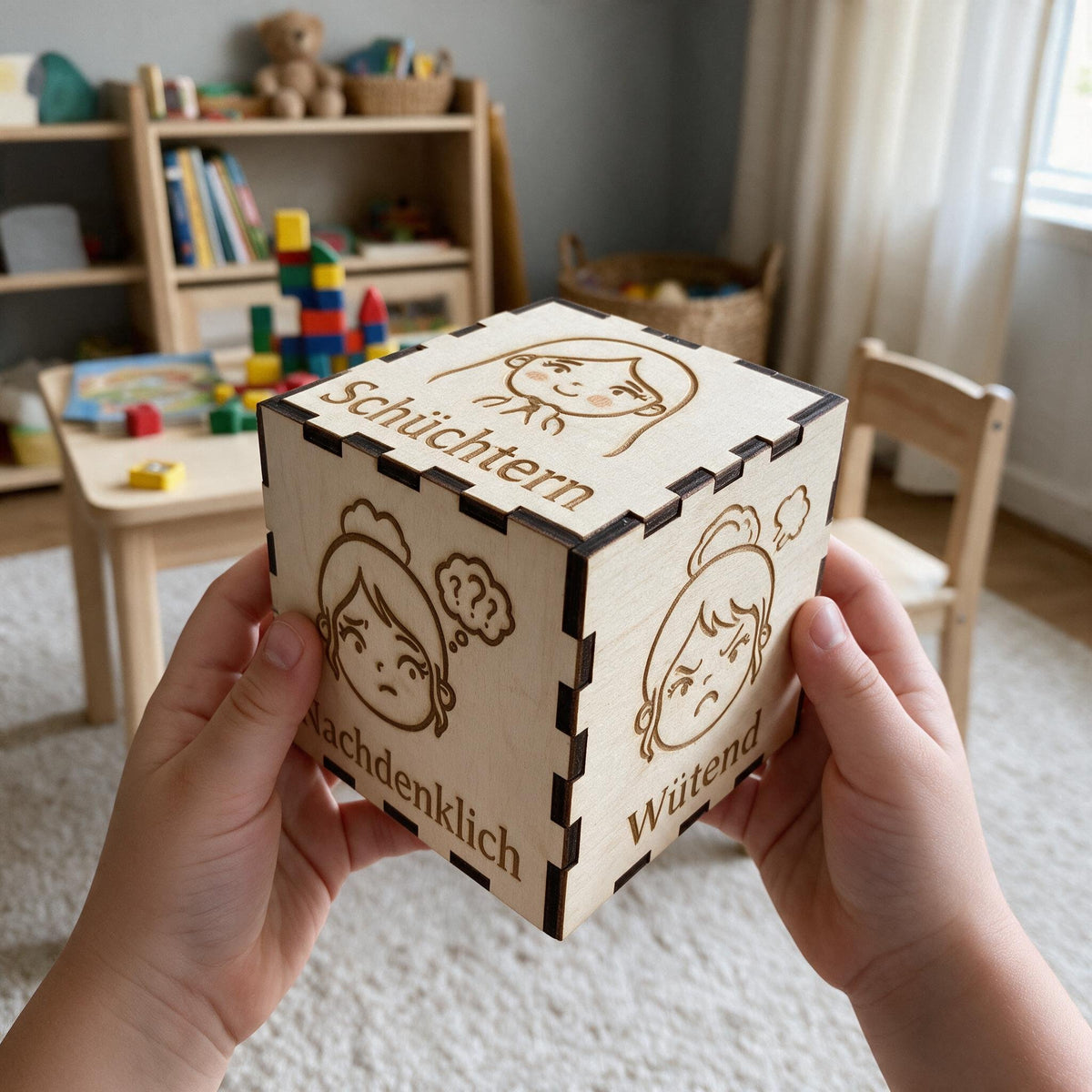 Großer pädagogischer Gefühlswürfel aus Holz zur spielerischen Förderung der emotionalen Entwicklung bei Kindern.