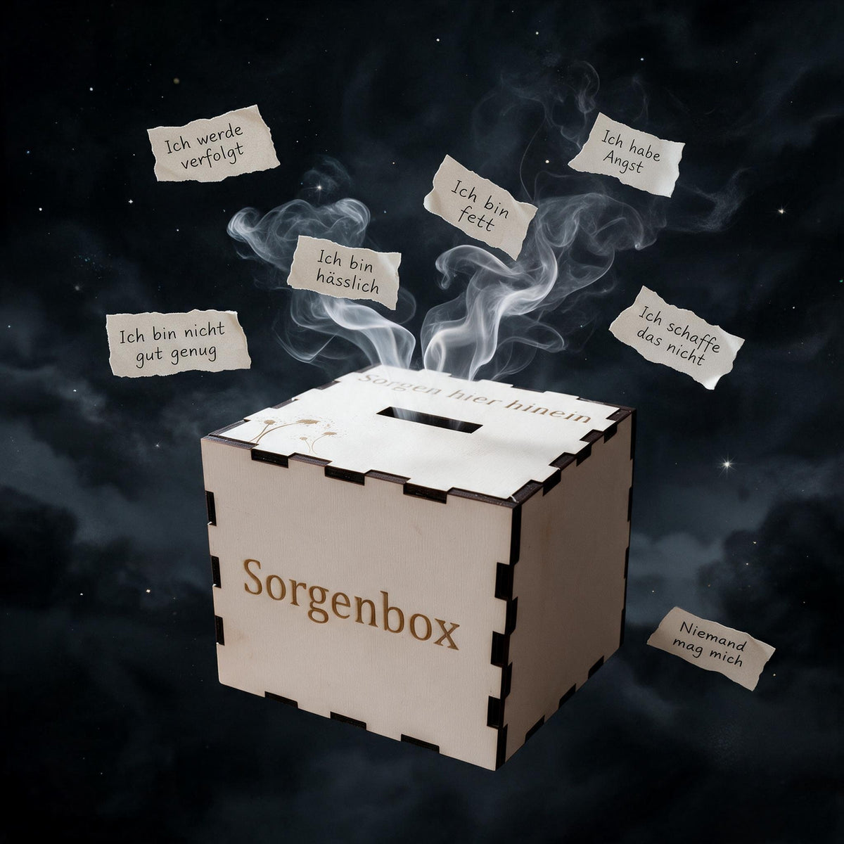 Personalisierte Sorgenbox aus Holz mit Gravur als feinfühliges mentales Werkzeug und Kiste zum Loslassen von Ängsten.