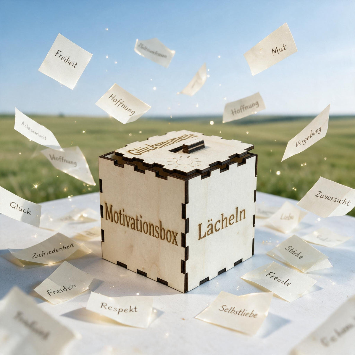 Personalisierte Motivationsbox aus Holz mit gravierten Mutmacher-Sprüchen für mehr positive Energie im Alltag.