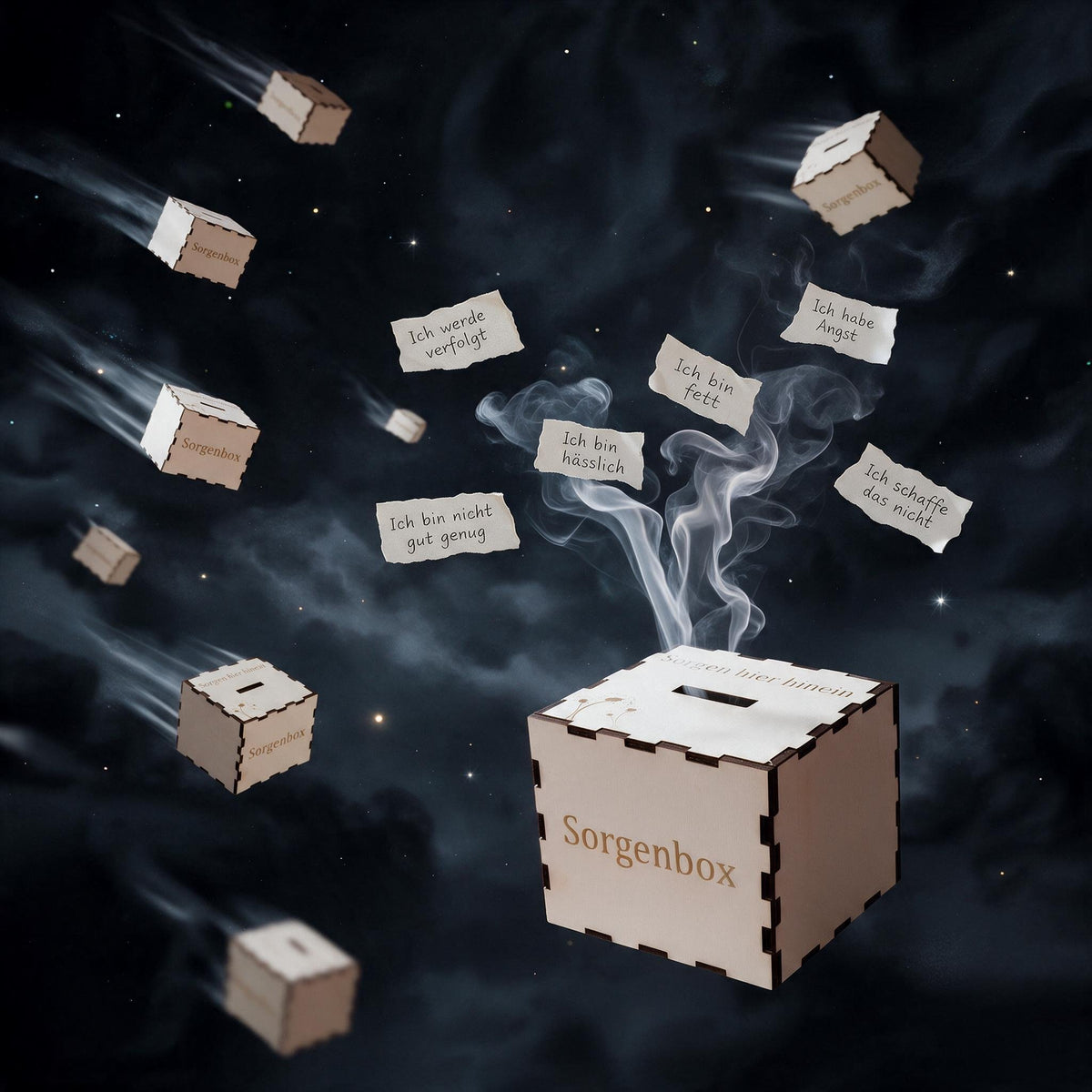 Große handgefertigte Sorgenbox aus Naturholz mit Gravur als psychologisches Werkzeug zum Loslassen von Ängsten.