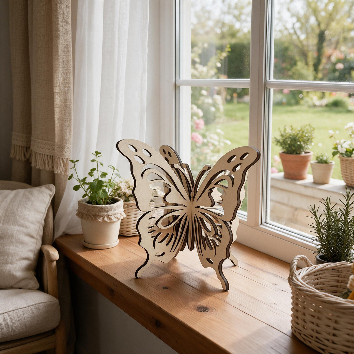 Filigraner 3D Holzschmetterling als Wanddeko und handgemachter Achtsamkeitsanker für Kinder und Erwachsene.
