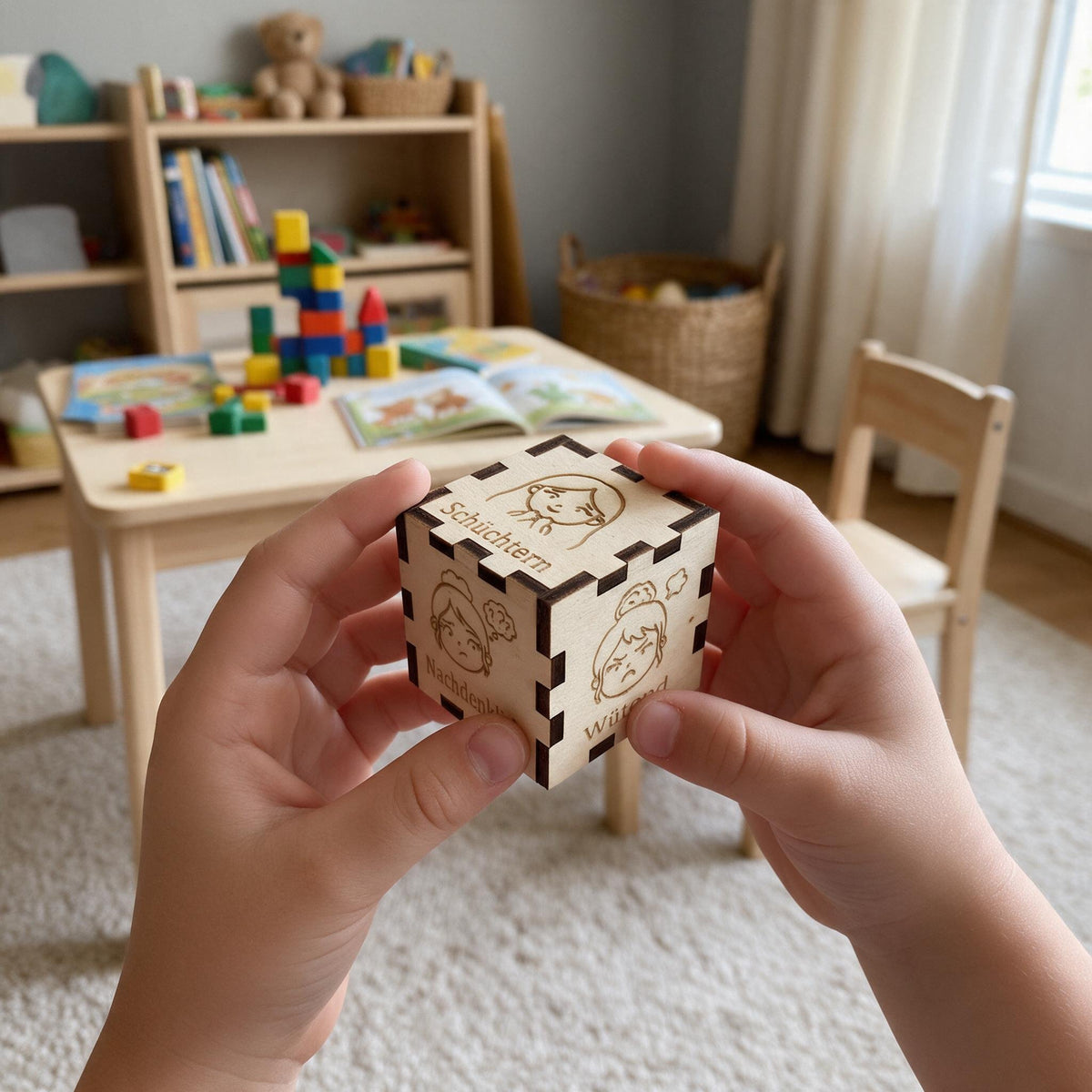 Kinderhände halten einen kleinen Gefühls-Holzwürfel zur spielerischen Förderung der emotionalen Entwicklung im Kindergarten.