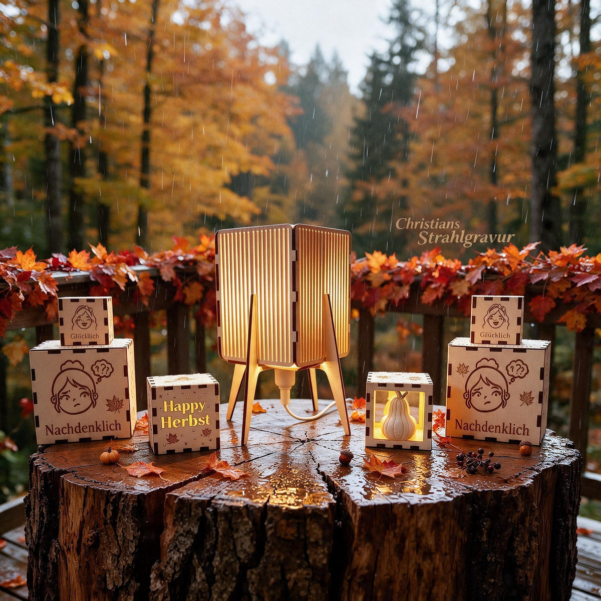 Handgefertigte Sorgenboxen und mentale Holzgeschenke von Christians Strahlgravur arrangiert in herbstlicher Dekoration.