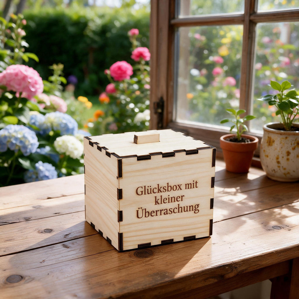 Personalisierte Glücksbox aus Holz mit Gravur als handgefertigtes Geschenk und dekorativer Glücksbringer.