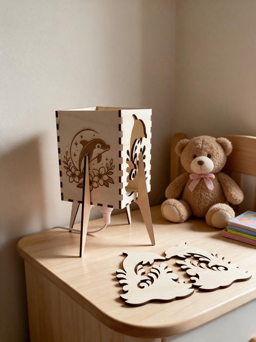 Delfin Nachttischlampe aus Holz mit graviertem Mond und Sternen Motiv für das Kinderzimmer.