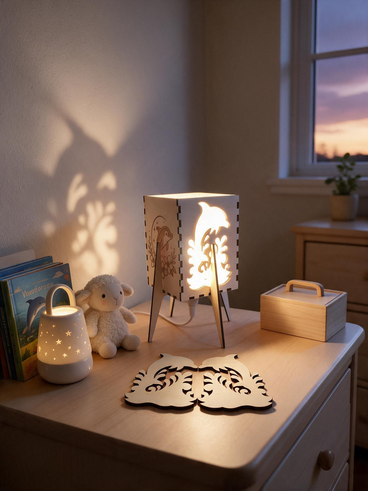 Handgefertigte Delfin Lampe aus Holz mit passender Delfin Silhouette und passender Delfin Gravur auf einem Nachttisch im Kinderzimmer.