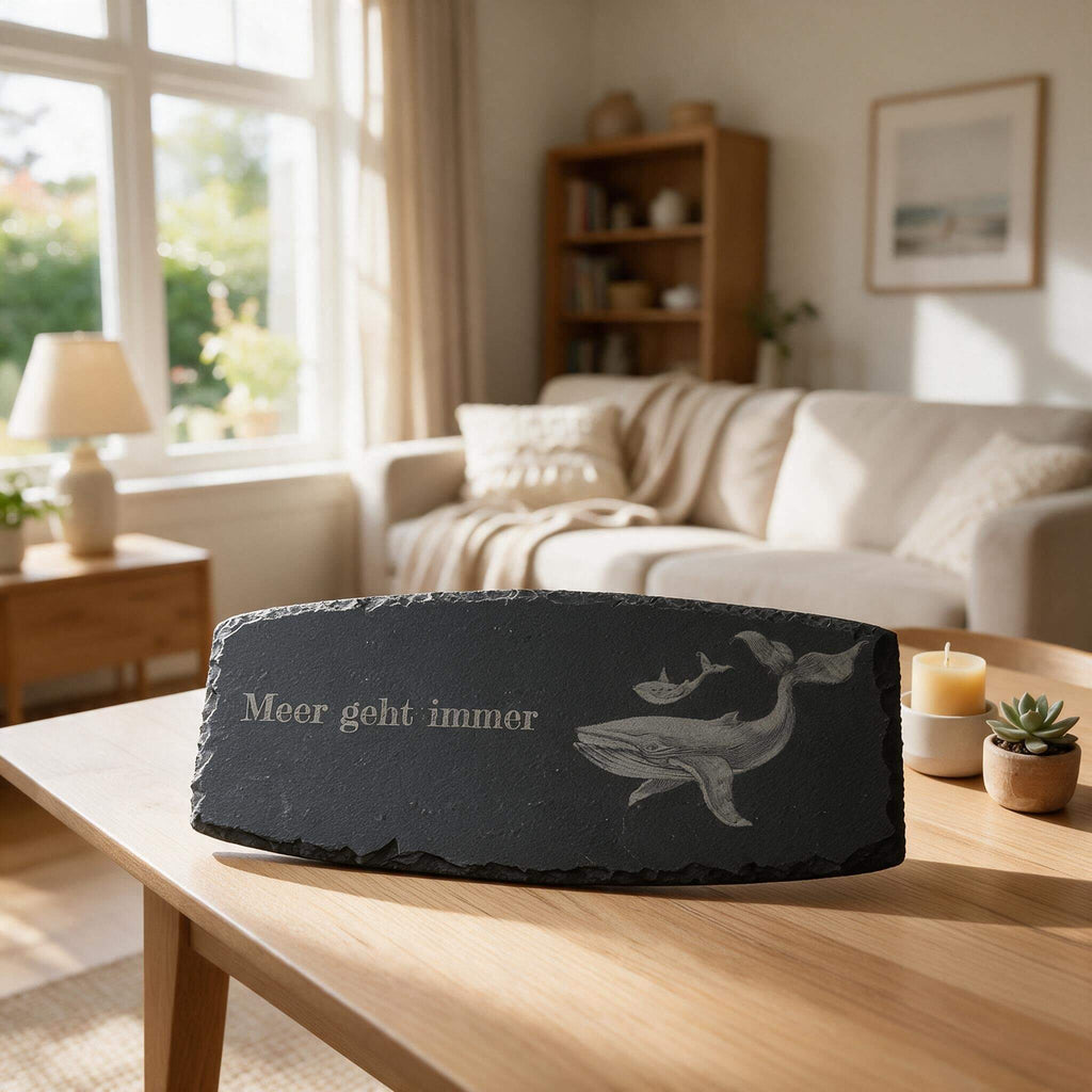 Gravierte Schieferplatte personalisiert als dekoratives Aufstellbrett im Wohnzimmer