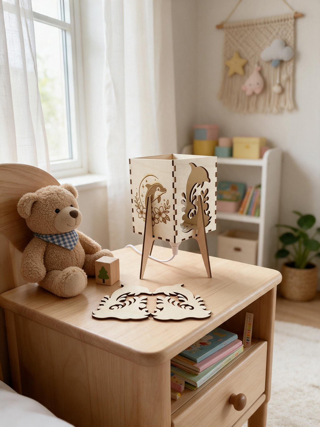 Handgefertigte Delfin Kinderlampe aus Holz mit graviertem Lampenschirm auf einem Nachttisch neben einem Teddybären bei Tageslicht.