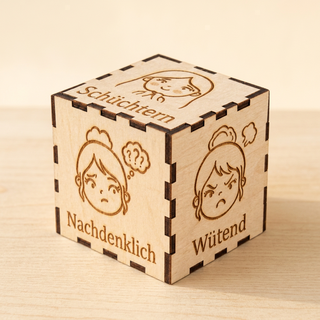 Großer Gefühlswürfel aus Holz mit den Gravuren Nachdenklich, Wütend und Schüchtern vor cremefarbenem Hintergrund.