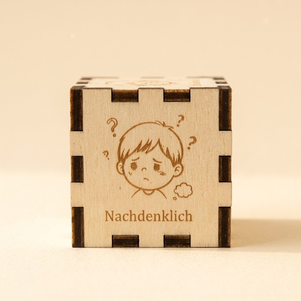 Kleiner Gefühlswürfel aus Holz für Jungen mit graviertem Gesicht und dem Wort Nachdenklich vor cremefarbenem Hintergrund.
