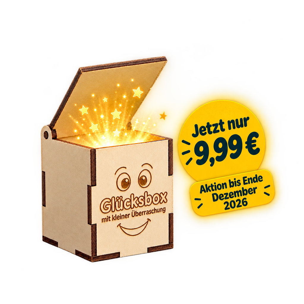 Geöffnete Glücksbox aus Holz mit goldenen Sternen und gelbem Aktionsschild: 9,99 € bis Ende Dezember 2026.