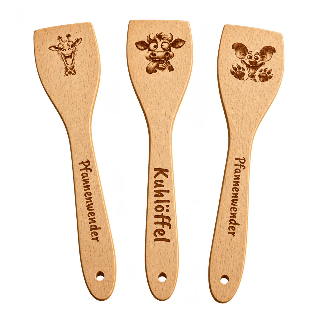 Drei Pfannenwender aus Buchenholz mit gravierten Tiermotiven und den Schriftzügen ‚Pfannenwender‘ und ‚Kuhlöffel‘.