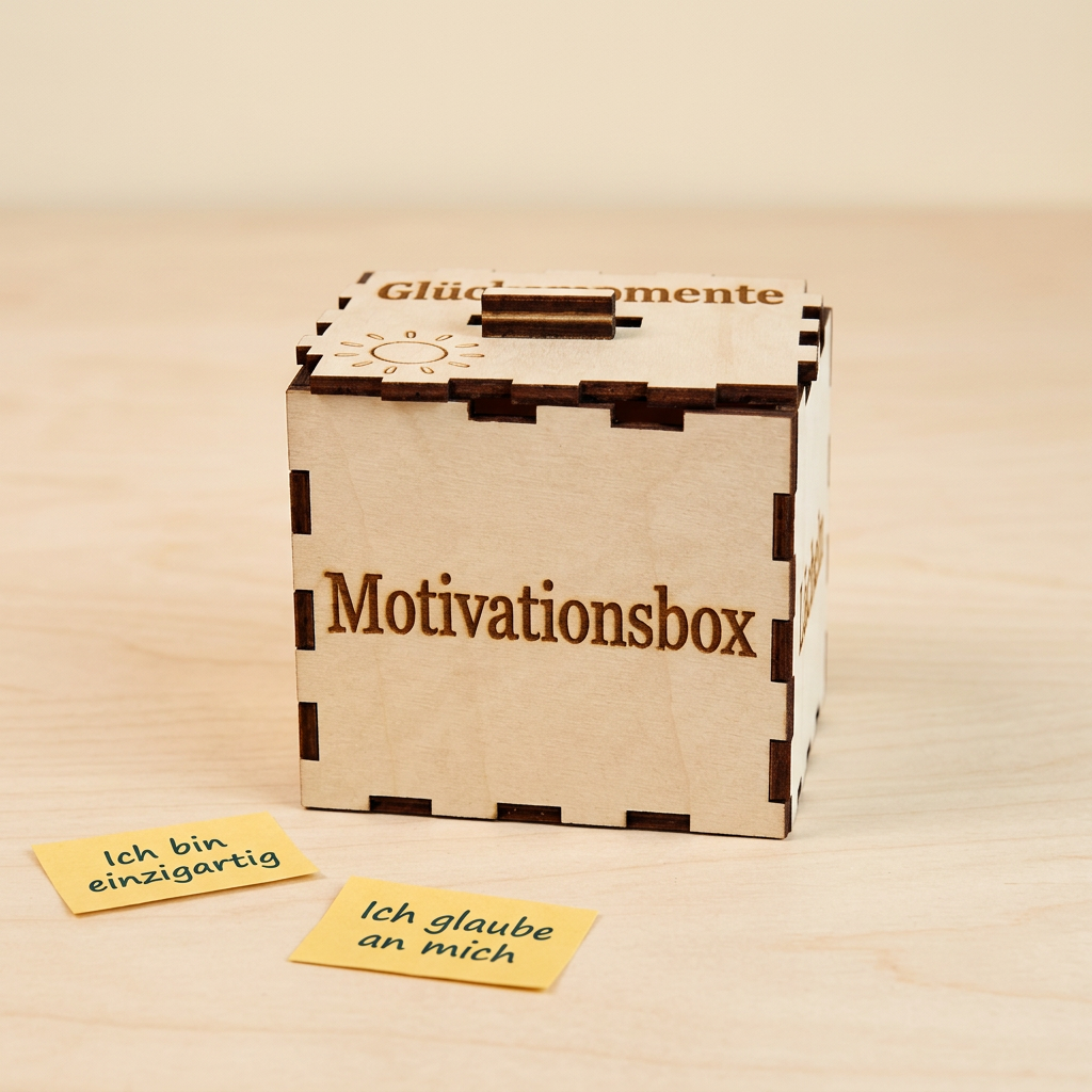 Motivationsbox aus Holz mit graviertem Deckel und gelben Mutmacher-Zetteln auf hellem Holz vor cremefarbenem Hintergrund.