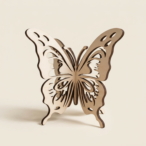 3D-Schmetterling aus Holz mit filigranen Flügelausschnitten auf cremefarbenem Hintergrund.