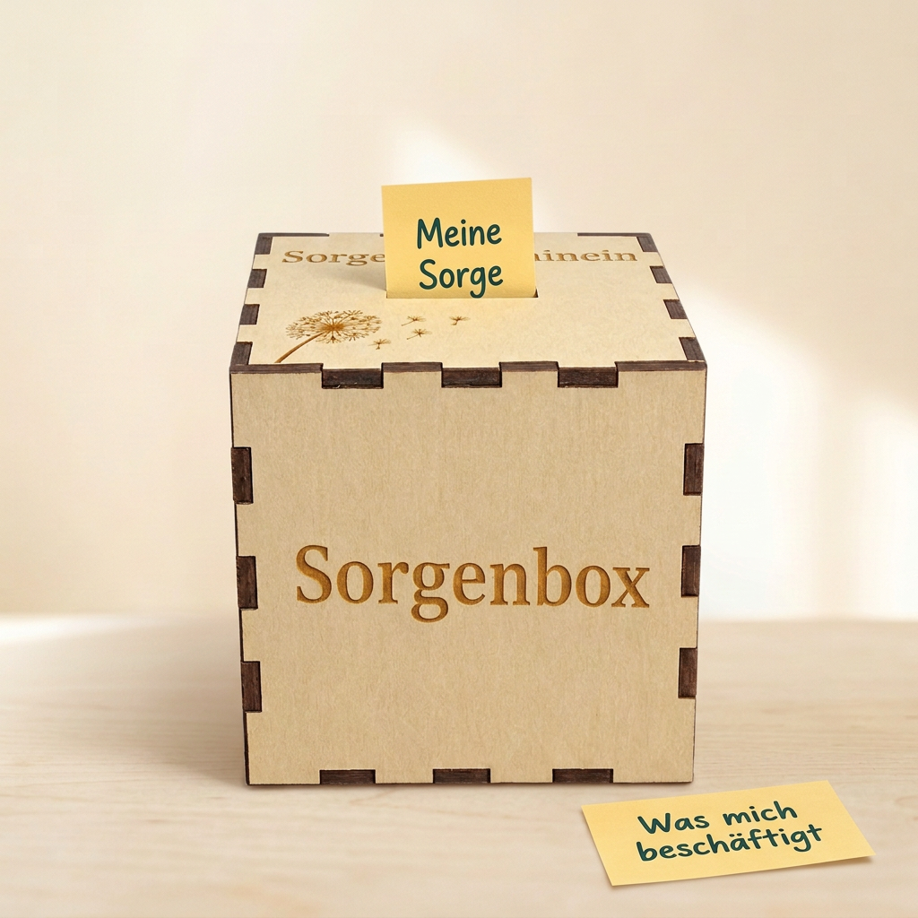 Sorgenbox aus Holz mit gravierter Pusteblume und gelbem Sorgen-Zettel im Einwurfschlitz auf hellem Holztisch.